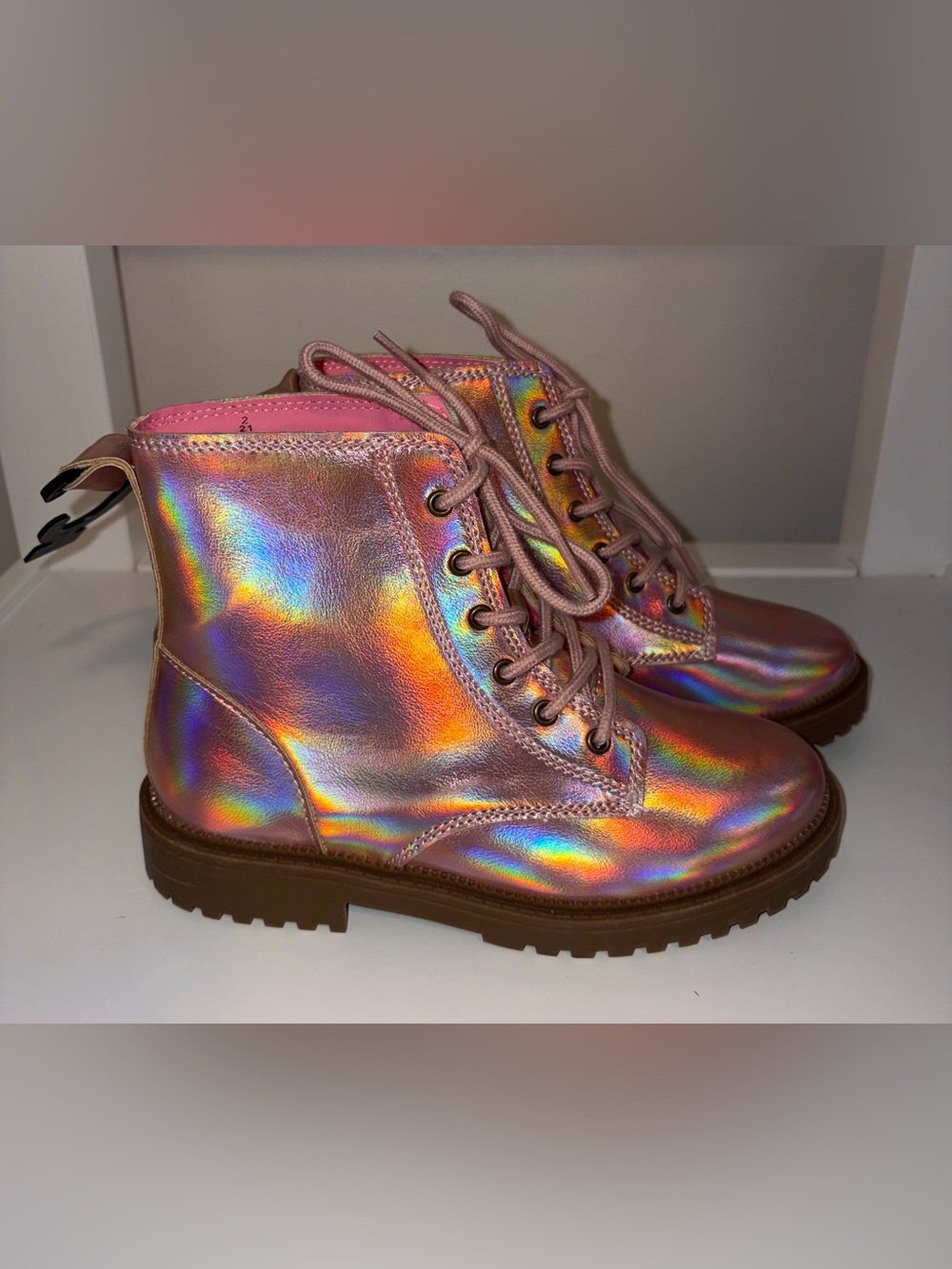 Iridescent Pink Holographic Lace-Up Combat Boots